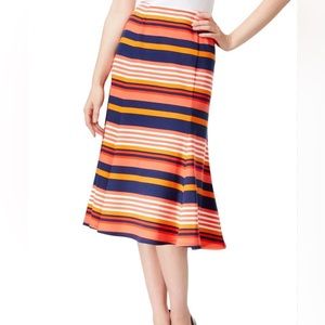 NWT NY Collection Womens Orange & Navy Striped Midi A-Line Skirt Size Small
